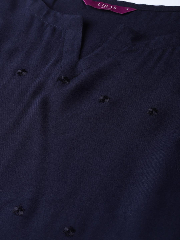 Navy Blue Embroidered Rayon Kurta Set