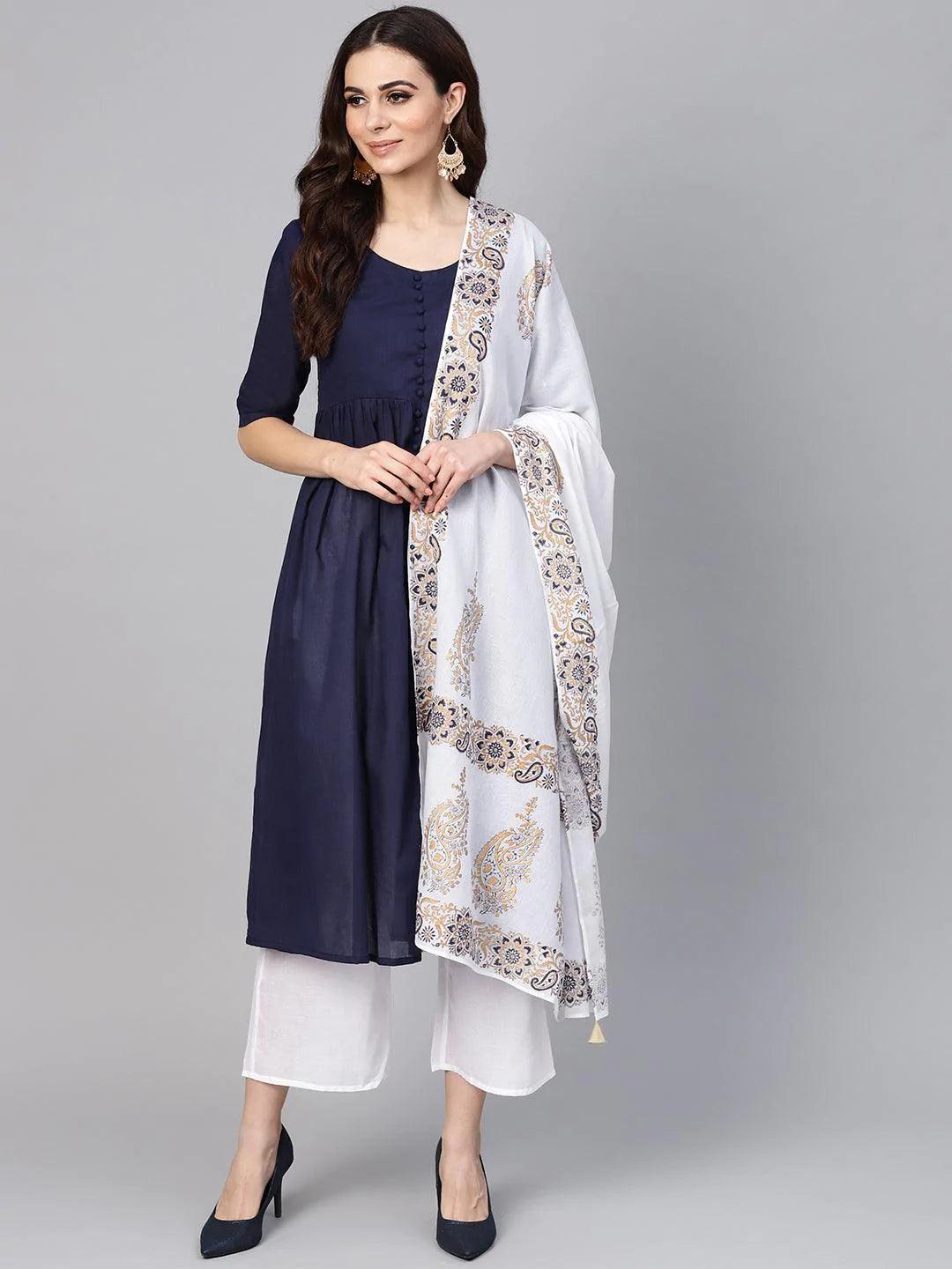 Navy Blue Solid Cotton Suit Set - ShopLibas