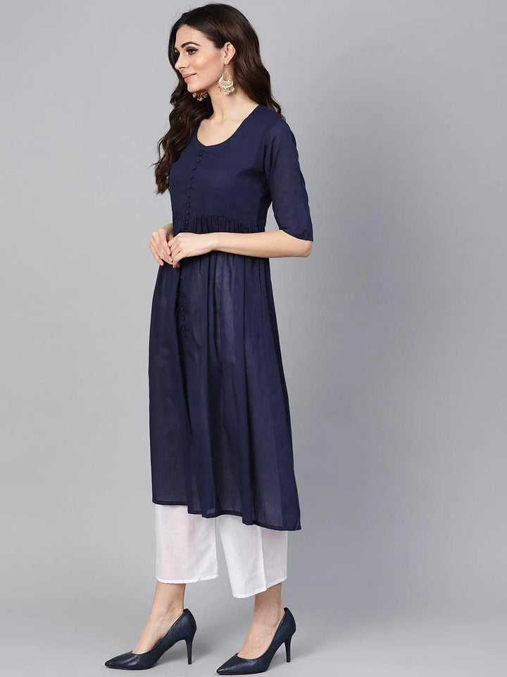 Navy Blue Solid Cotton Suit Set