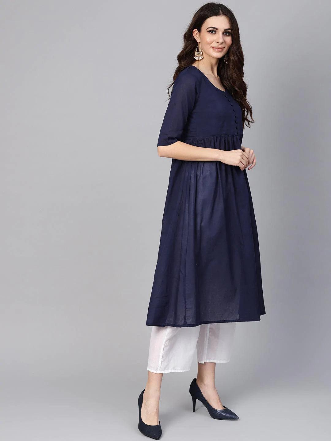 Navy Blue Solid Cotton Suit Set - ShopLibas 