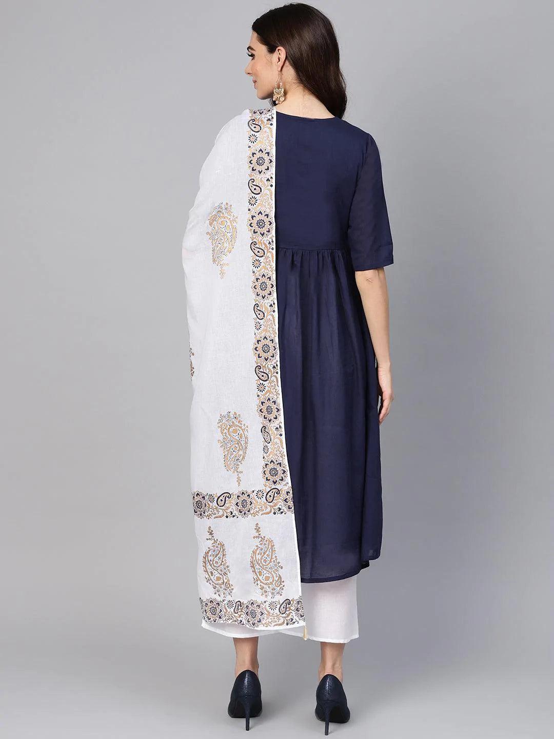 Navy Blue Solid Cotton Suit Set - ShopLibas 
