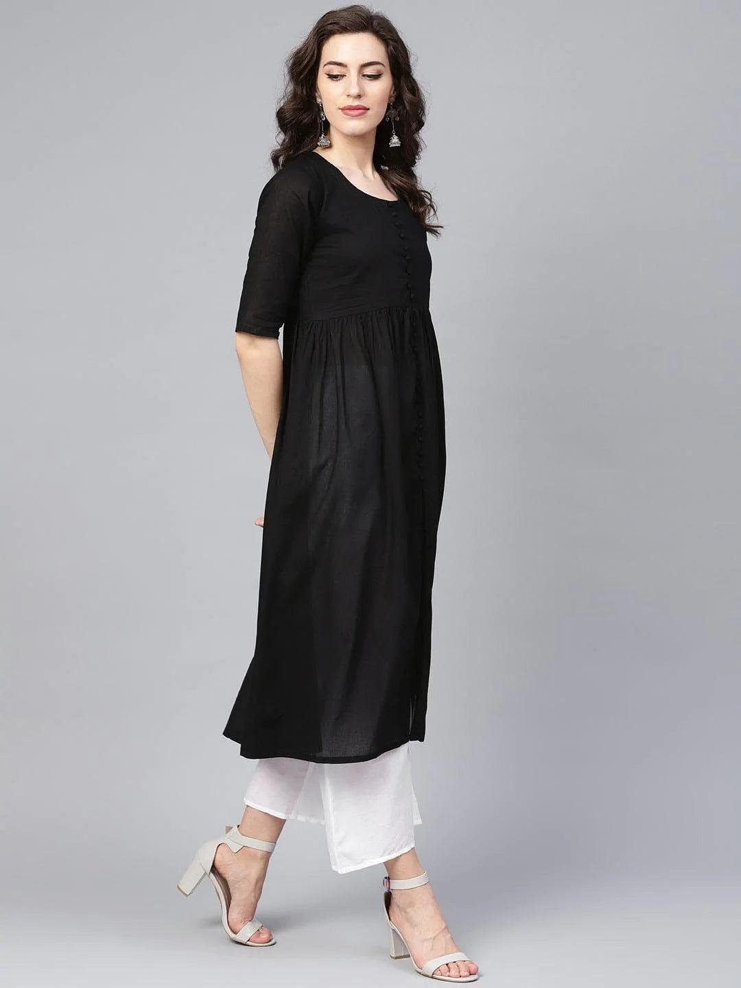 Black Solid Cotton Suit Set - ShopLibas 