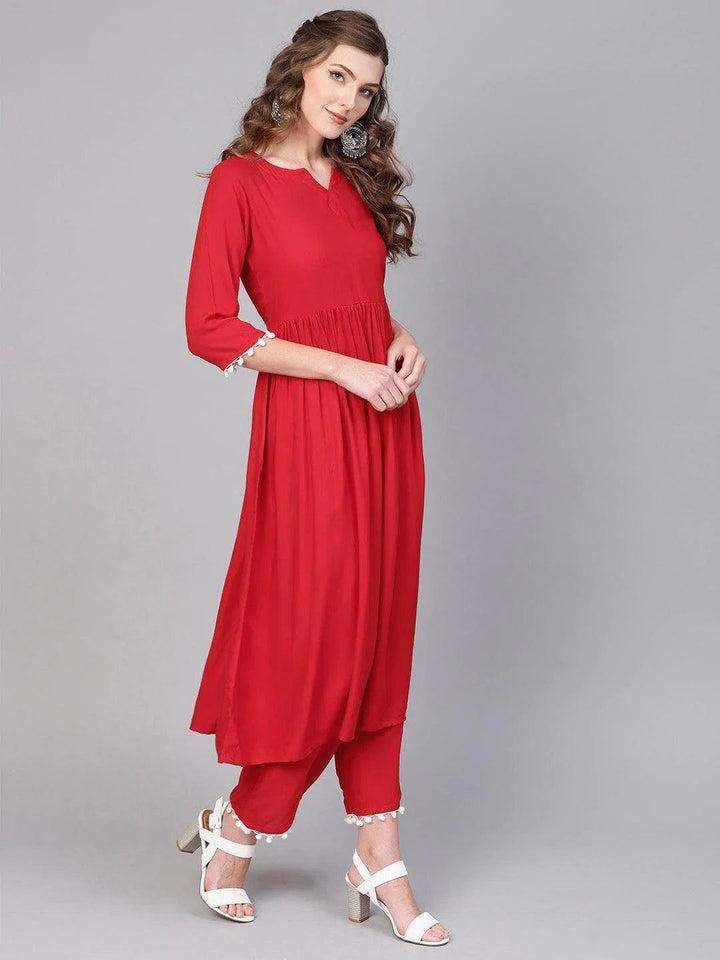 Red Solid Rayon Suit Set