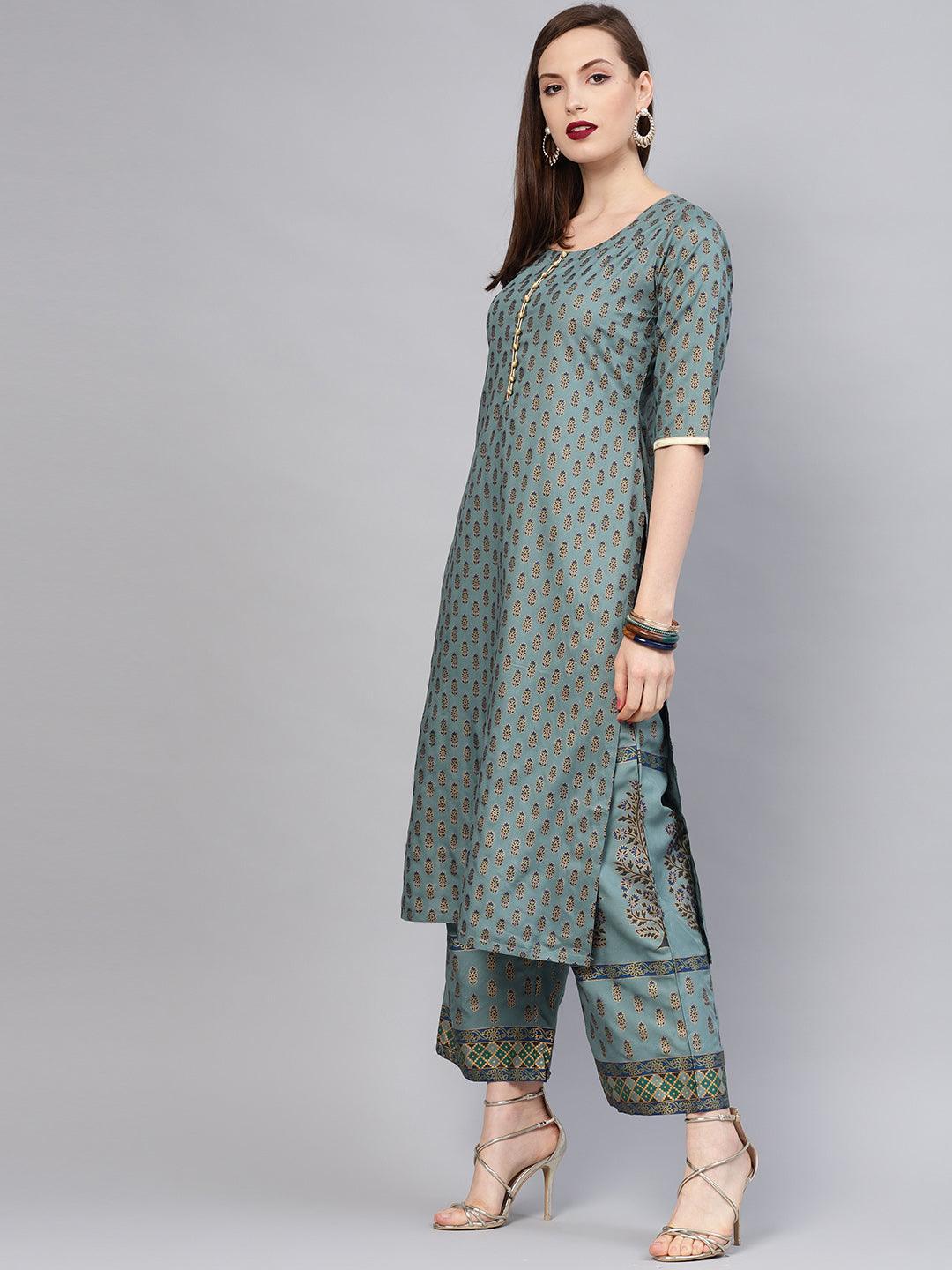 Grey Printed Cotton Kurta Set - ShopLibas 