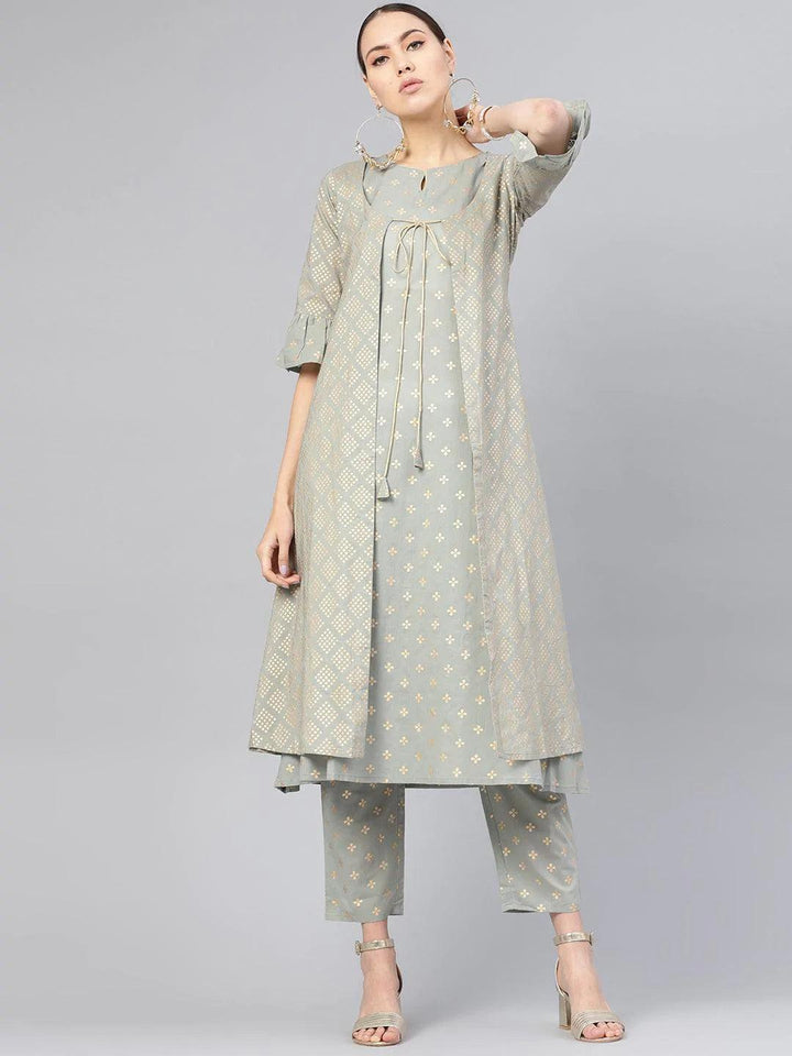 Grey Printed Cotton Kurta Set