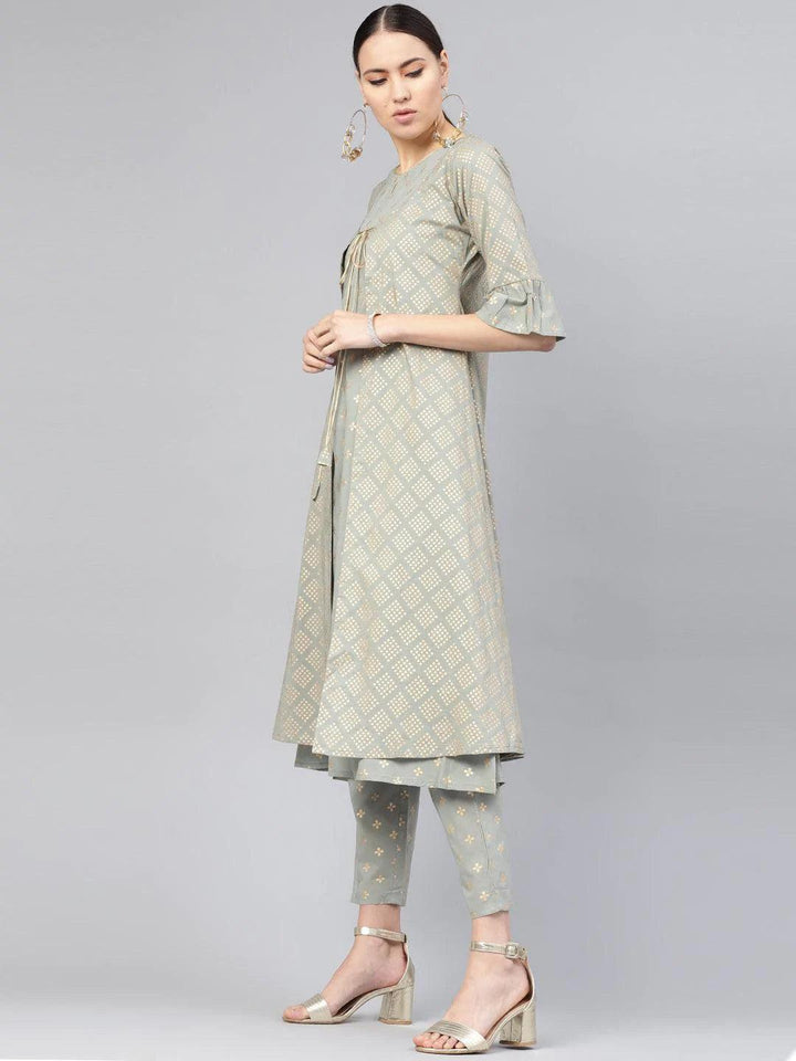 Grey Printed Cotton Kurta Set