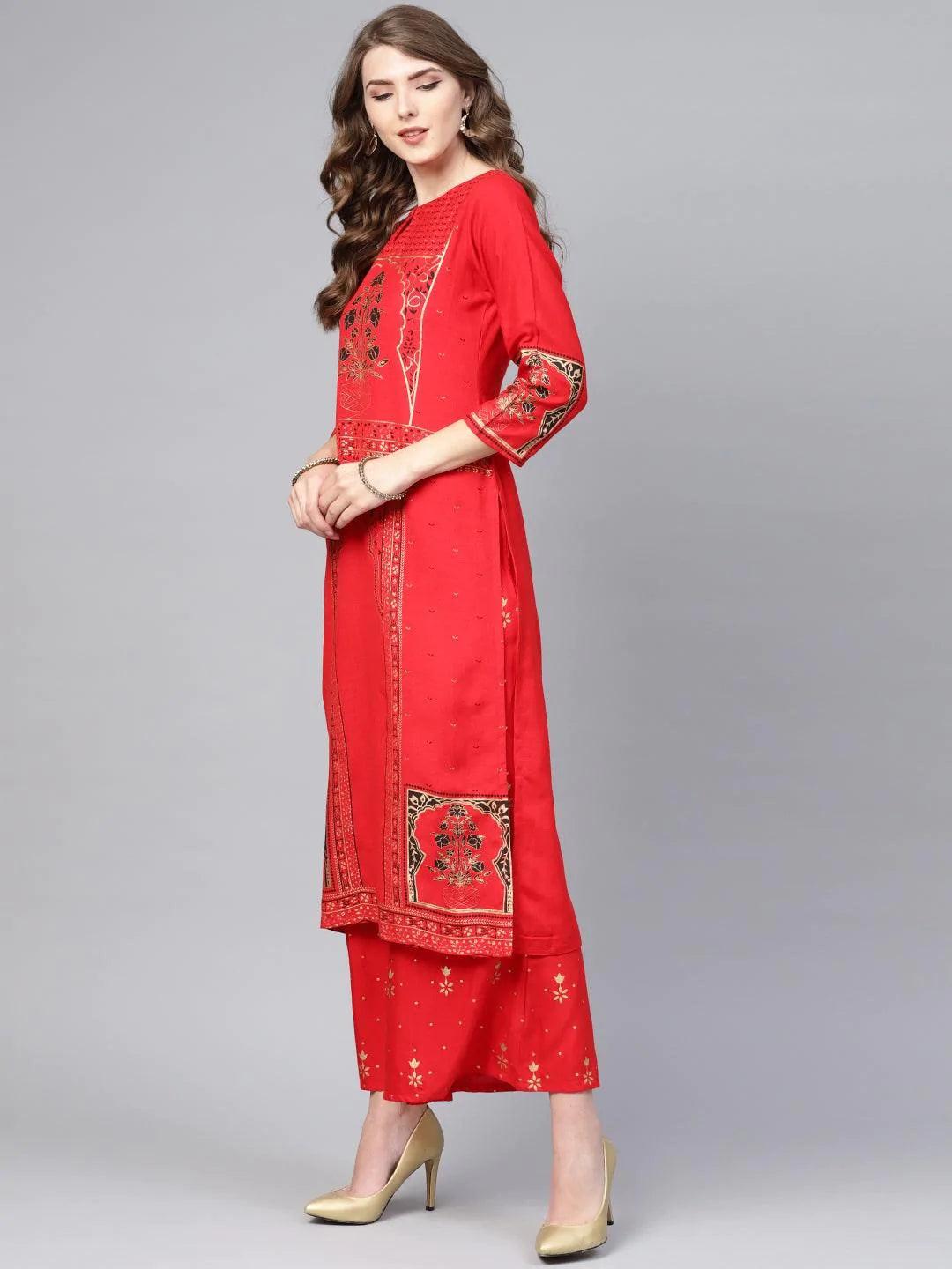Red Printed Cotton Suit Set - ShopLibas 