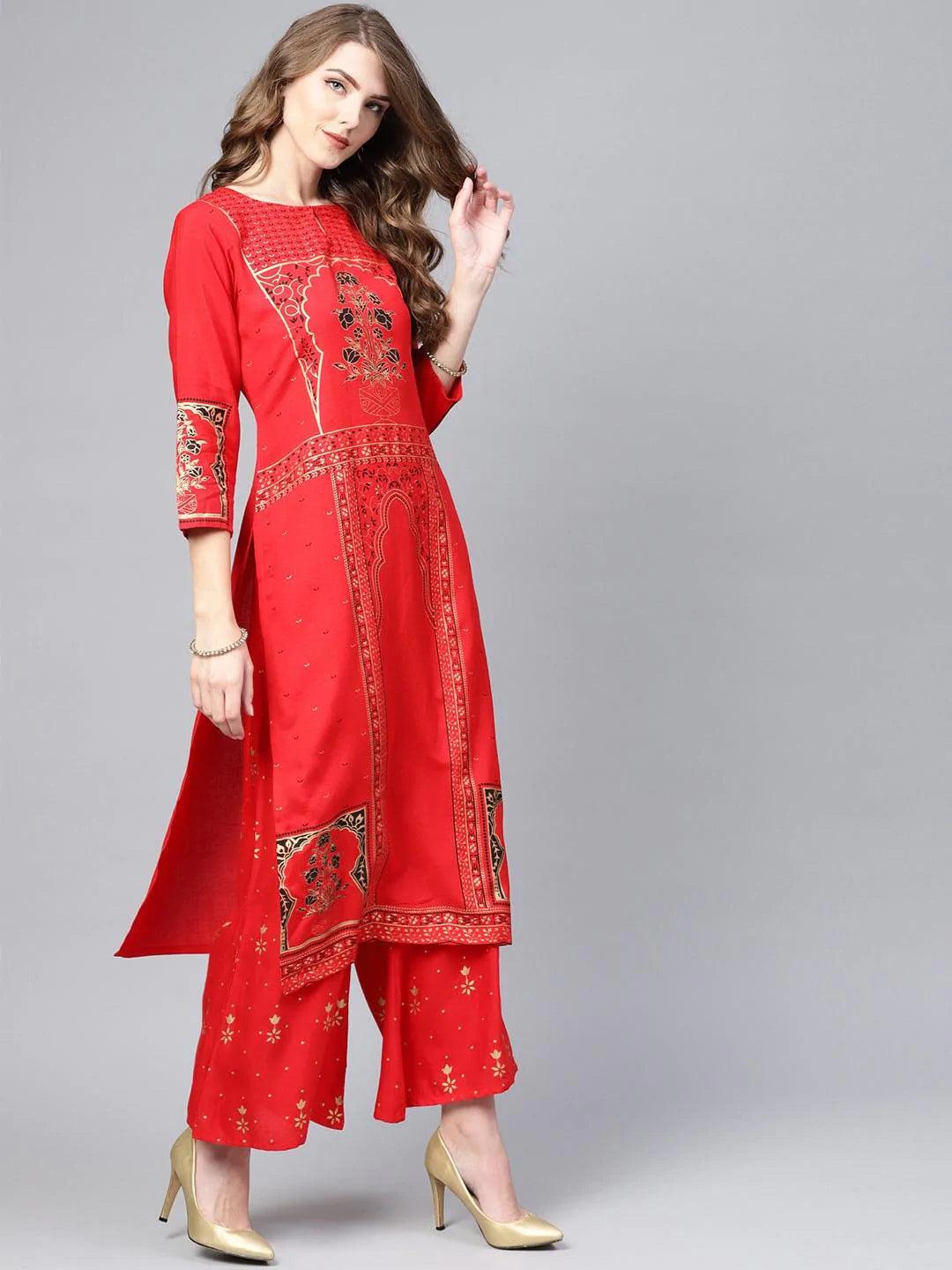 Red Printed Cotton Suit Set - ShopLibas 