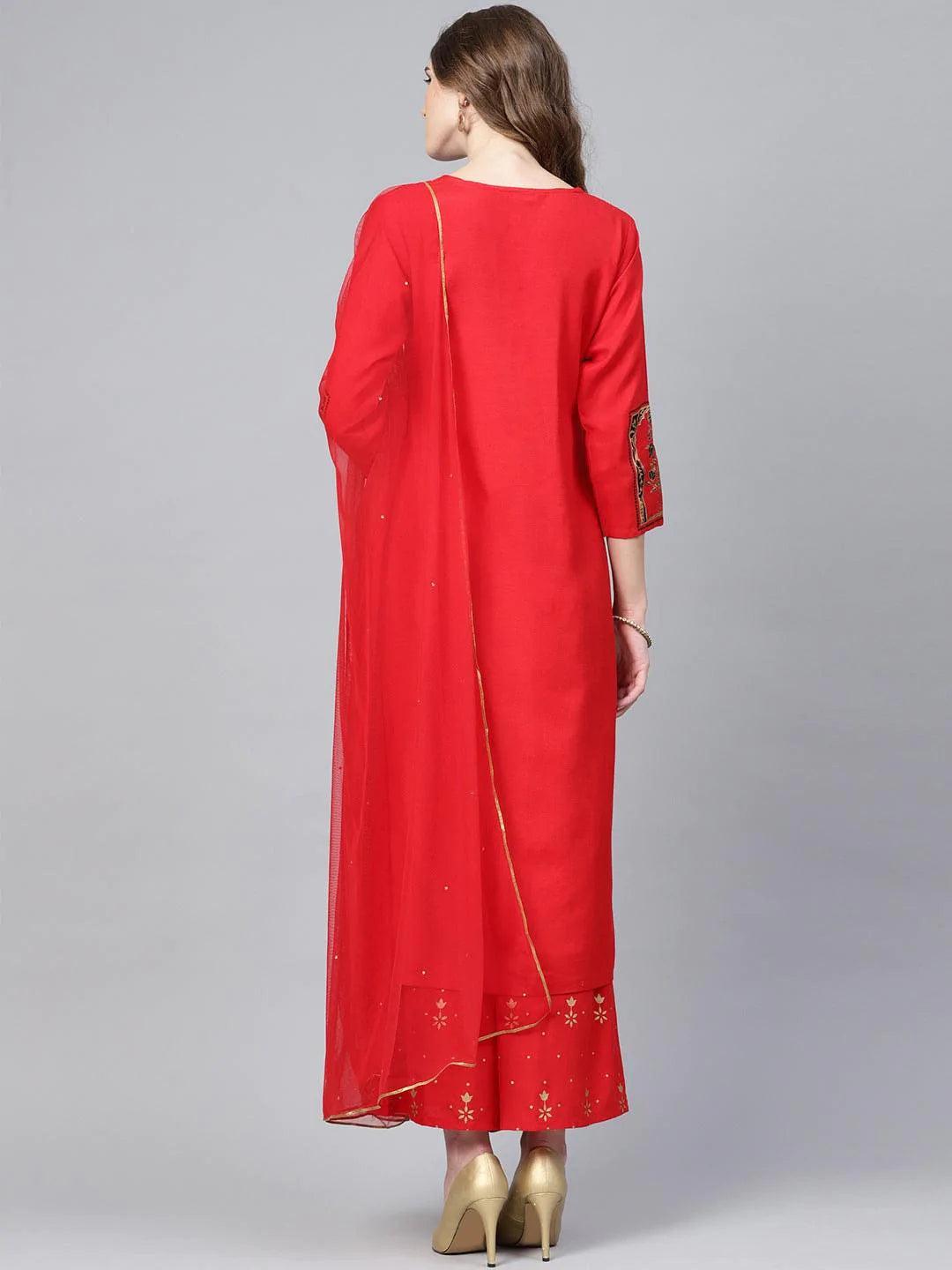 Red Printed Cotton Suit Set - ShopLibas 