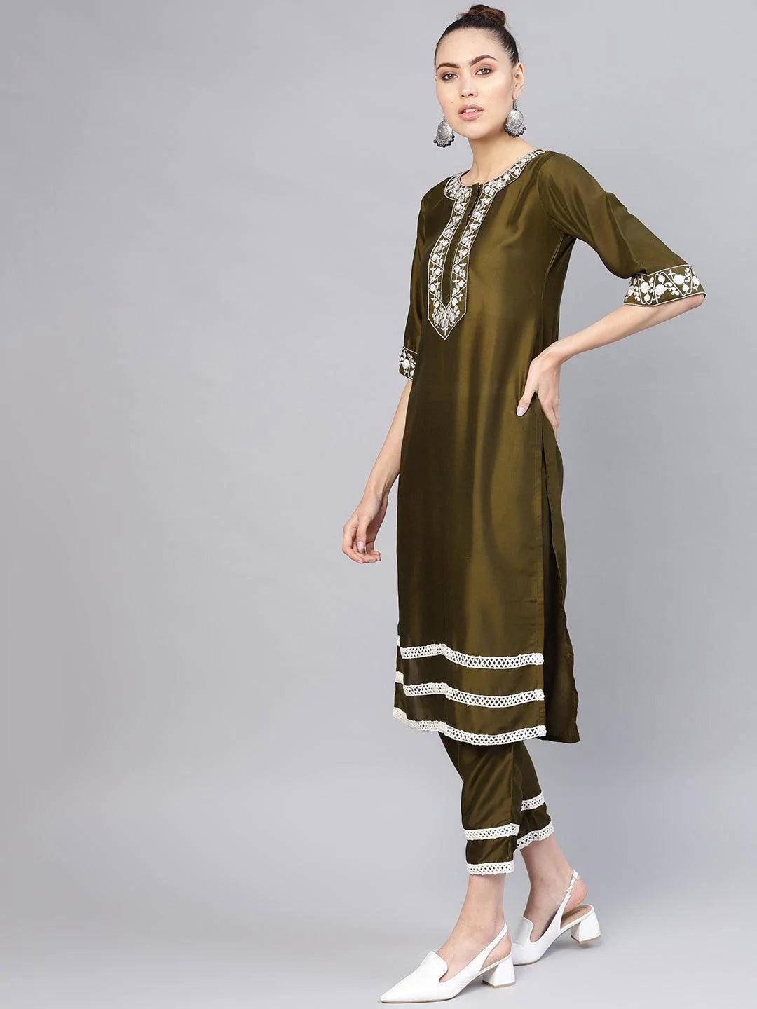 Olive Embroidered Polyester Kurta Set - ShopLibas 