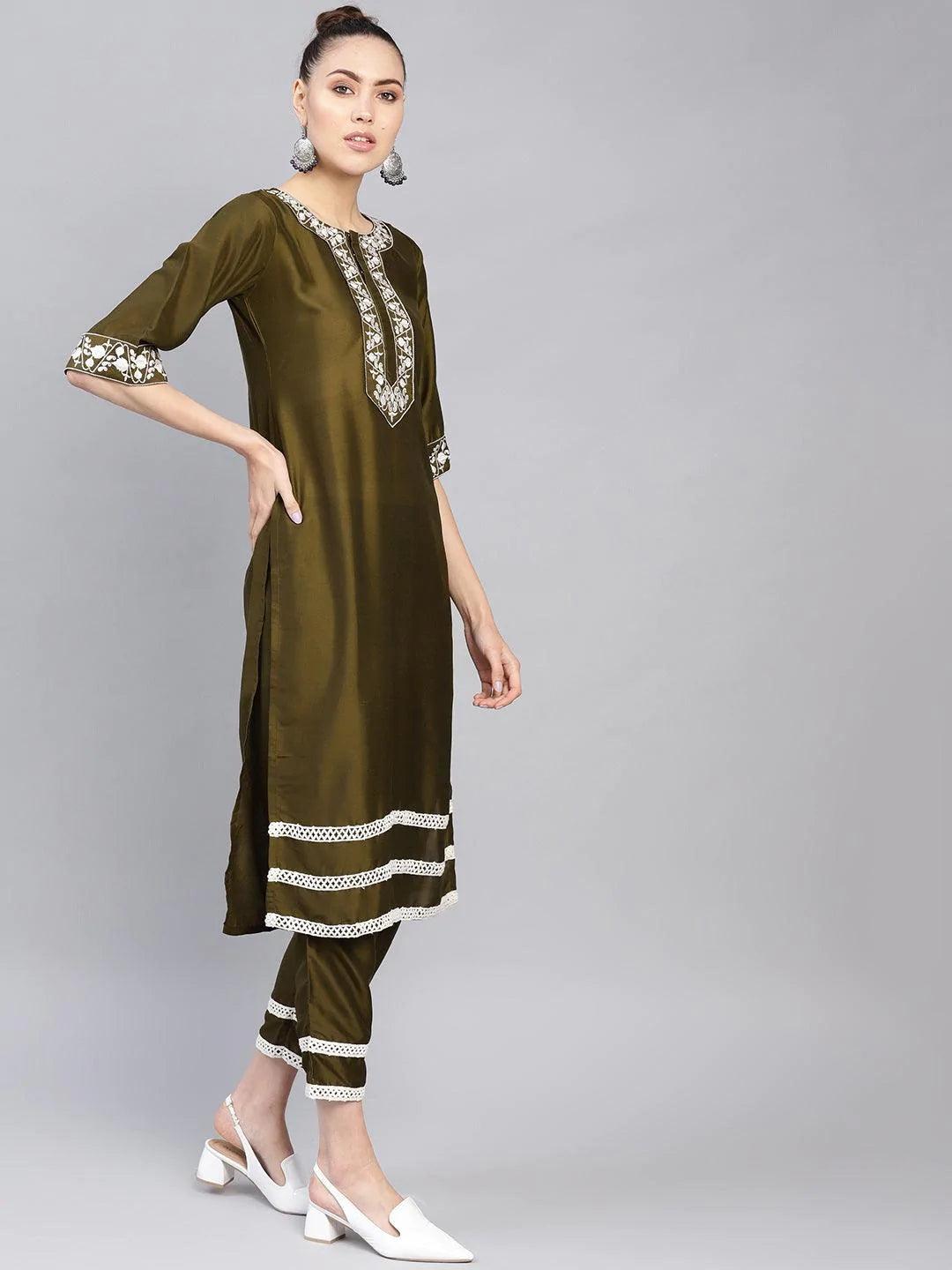 Olive Embroidered Polyester Kurta Set - ShopLibas 