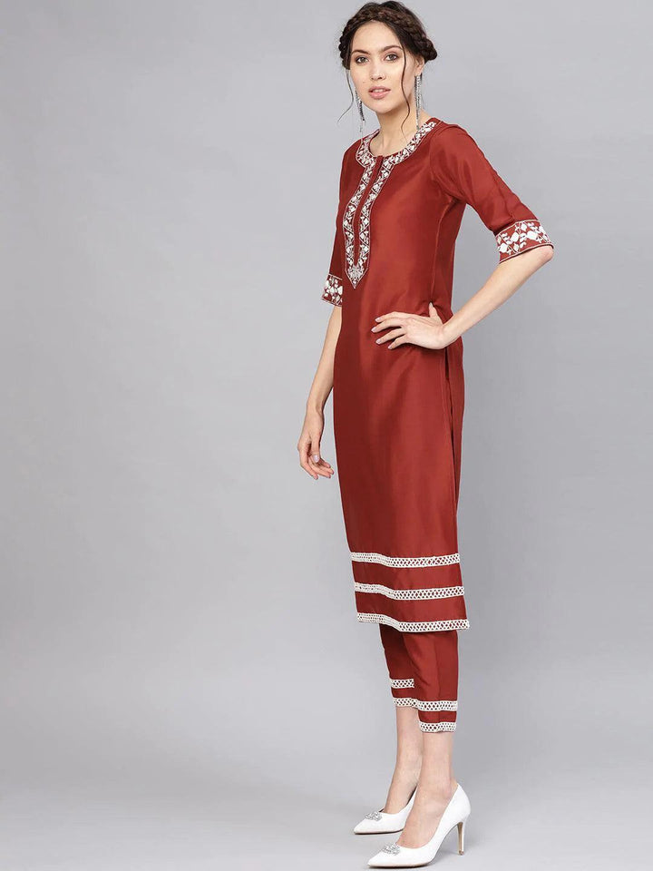 Rust Embroidered Silk Kurta Set