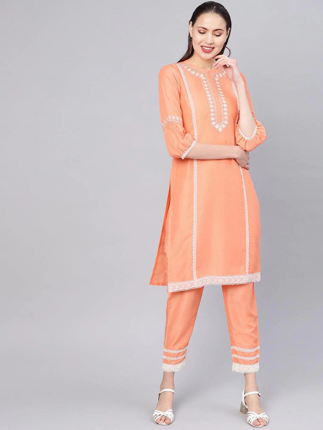 Peach Embroidered Silk Kurta Set - ShopLibas
