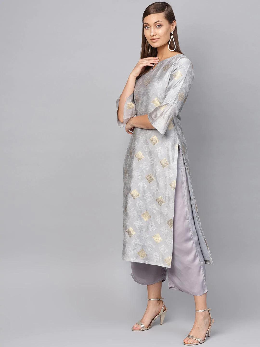 Grey Embroidered Polyester Kurta Set - ShopLibas 
