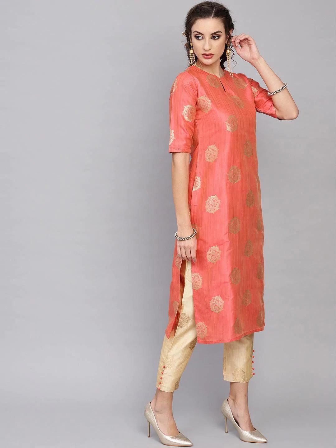 Pink Self Design Chanderi Kurta Set - ShopLibas 