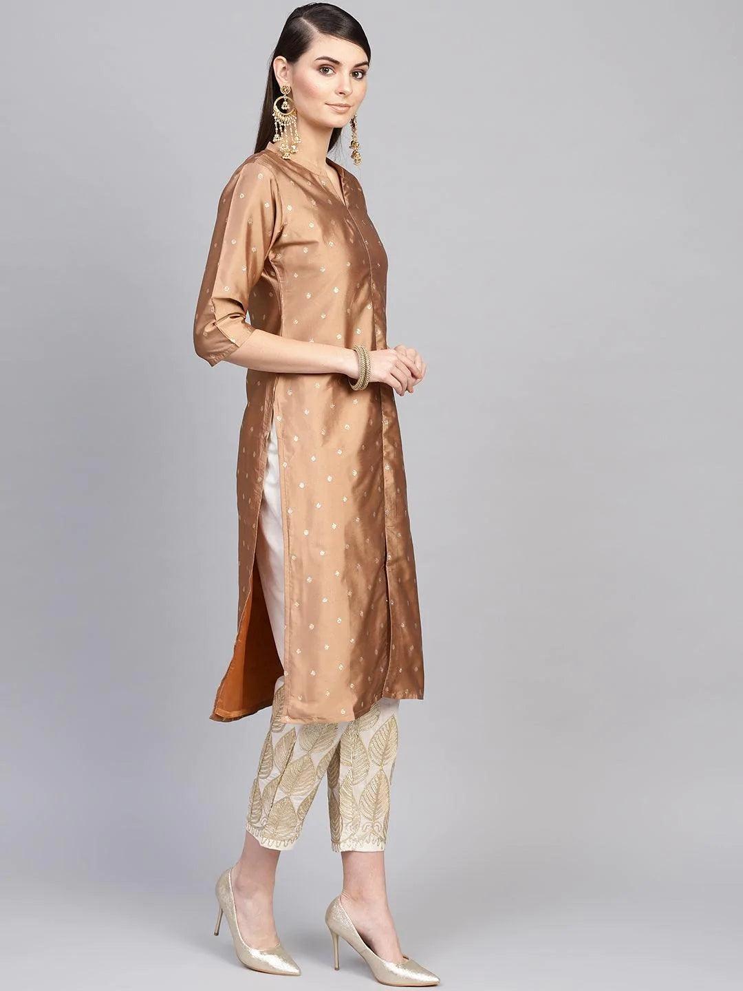 Brown Embroidered Polyester Kurta Set - ShopLibas 
