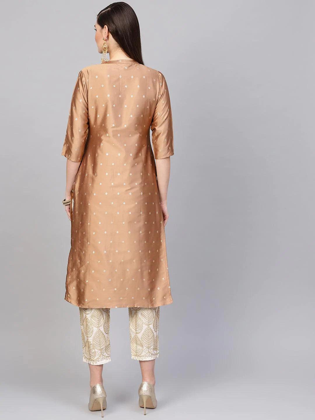 Brown Embroidered Polyester Kurta Set - ShopLibas 