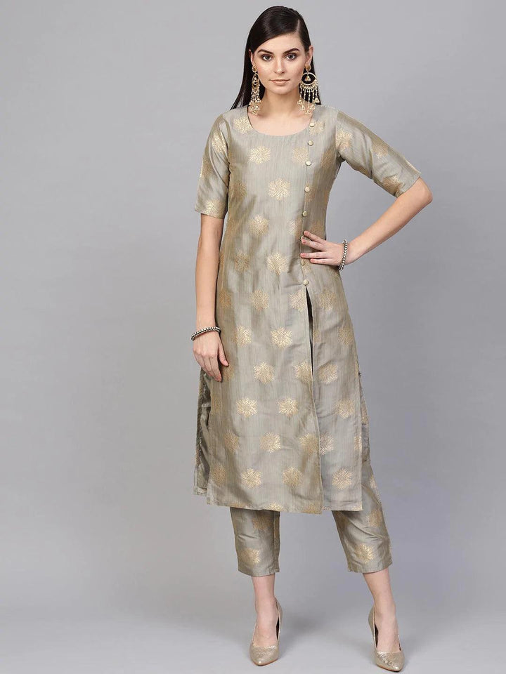 Grey Embroidered Chanderi Kurta Set - ShopLibas