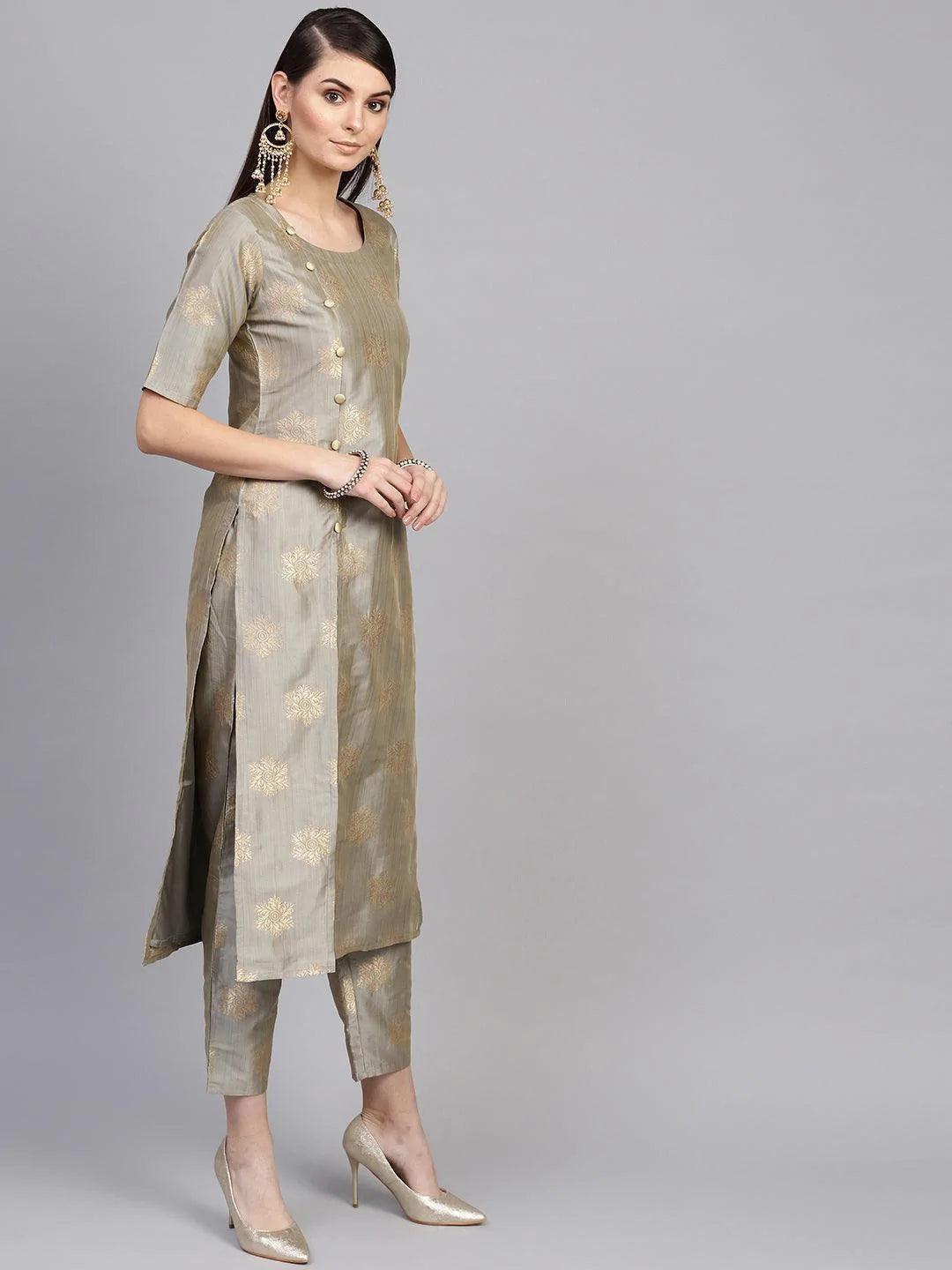 Grey Embroidered Chanderi Kurta Set - ShopLibas
