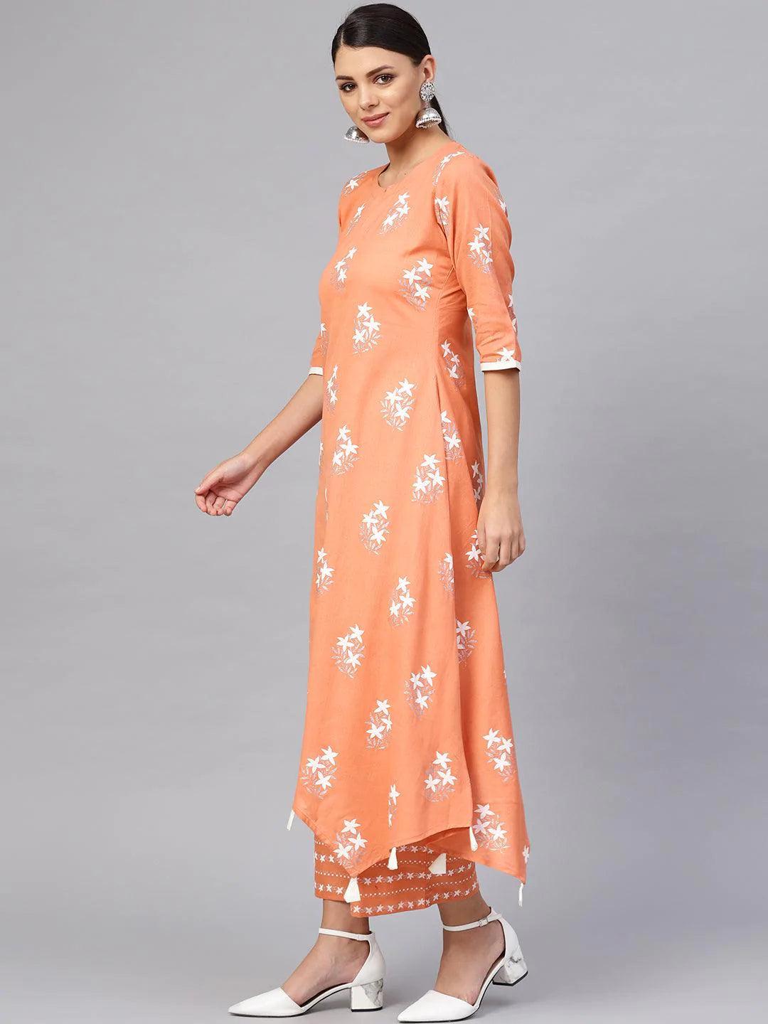 Peach Printed Cotton Kurta Set - ShopLibas 