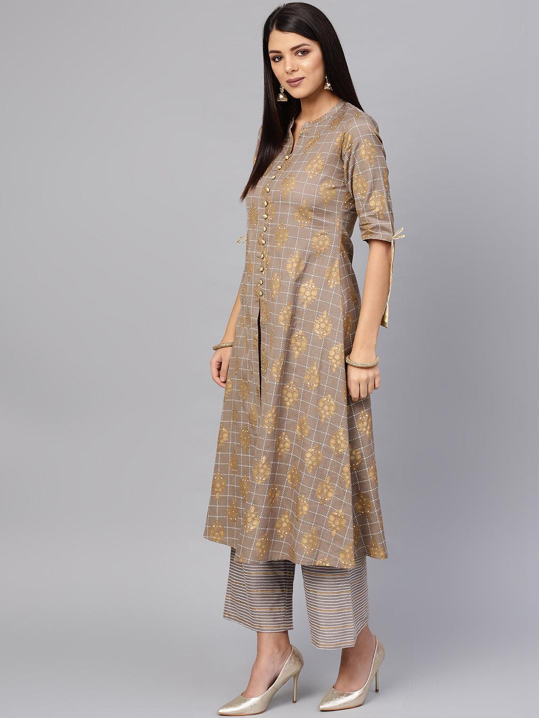 Grey Printed Cotton Kurta Set - ShopLibas 