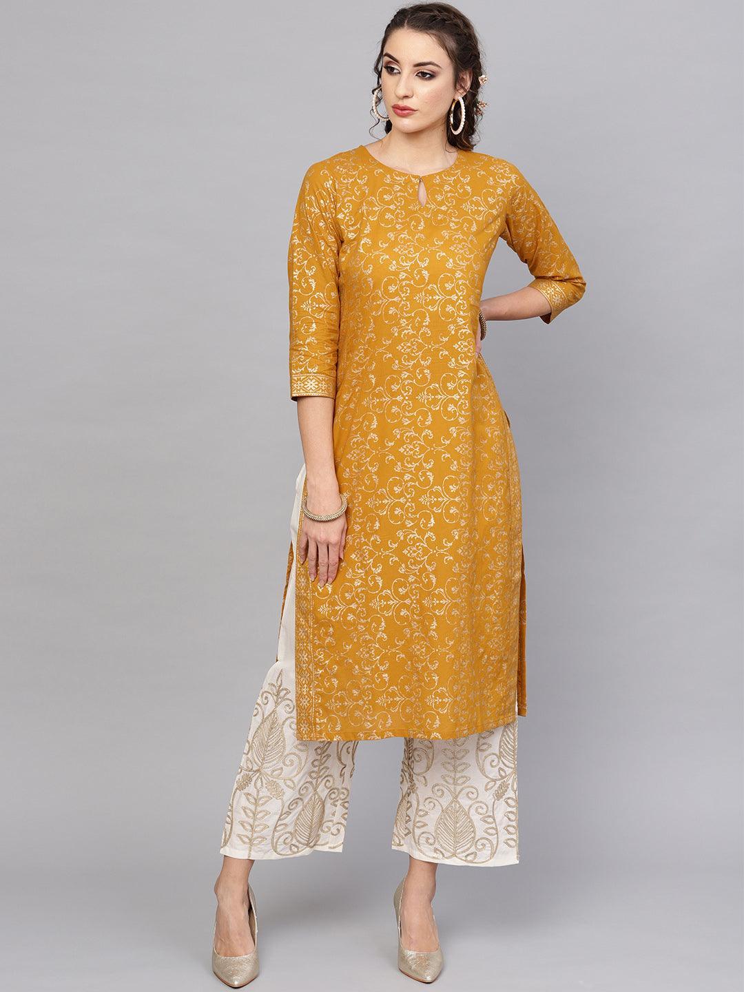 Yellow Printed Cotton Kurta Set - ShopLibas