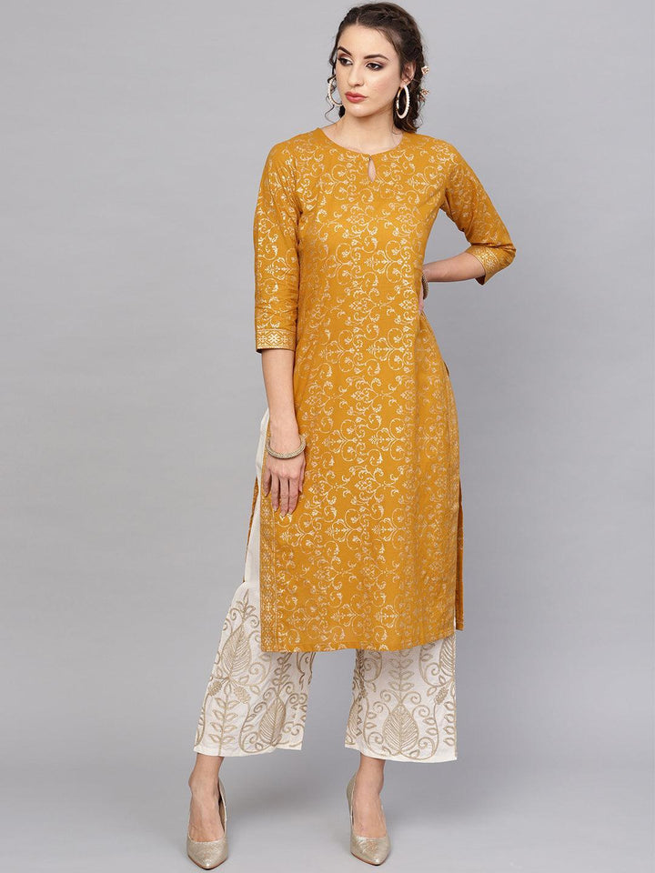 Yellow Printed Cotton Kurta Set - ShopLibas