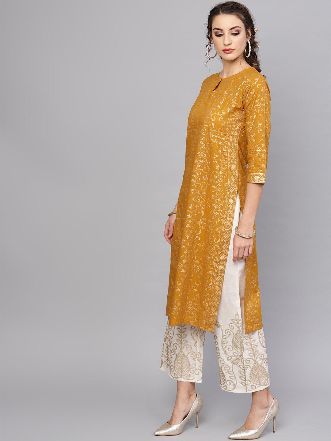 Yellow Printed Cotton Kurta Set - ShopLibas