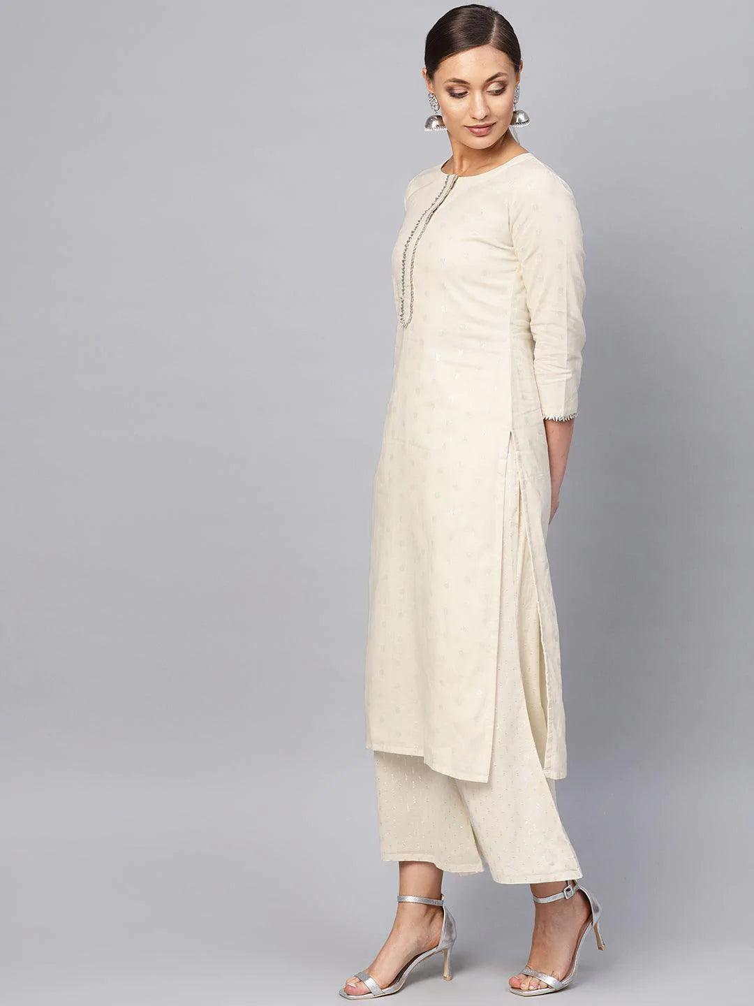 White Embroidered Cotton Kurta Set - ShopLibas
