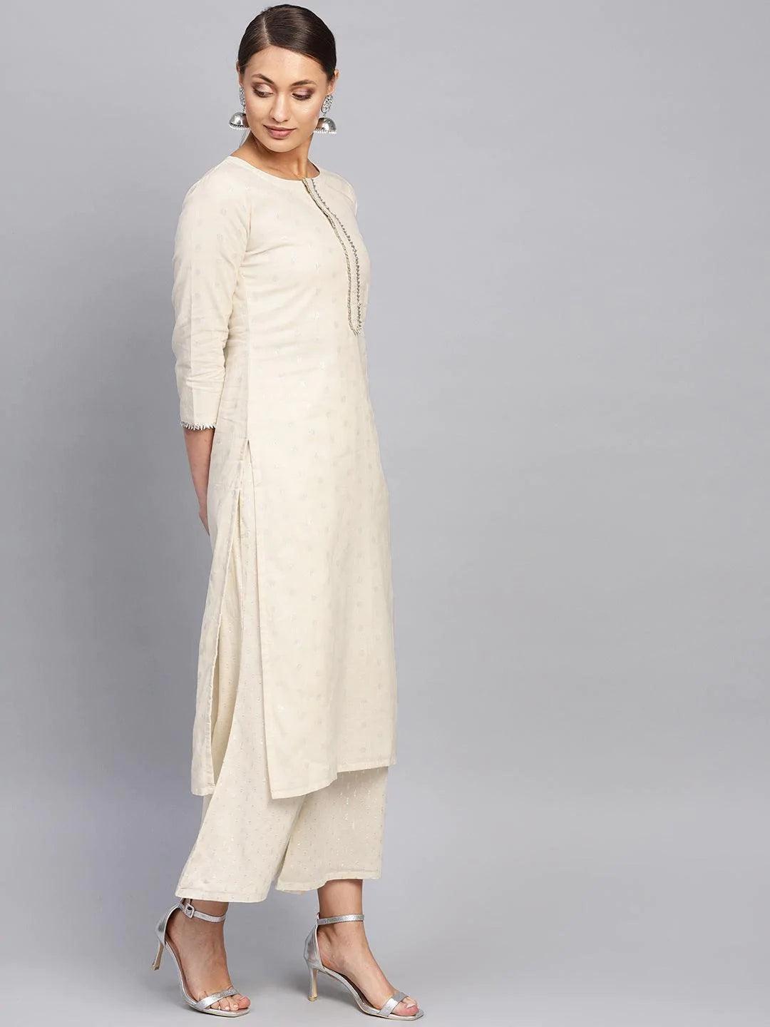 White Embroidered Cotton Kurta Set - ShopLibas
