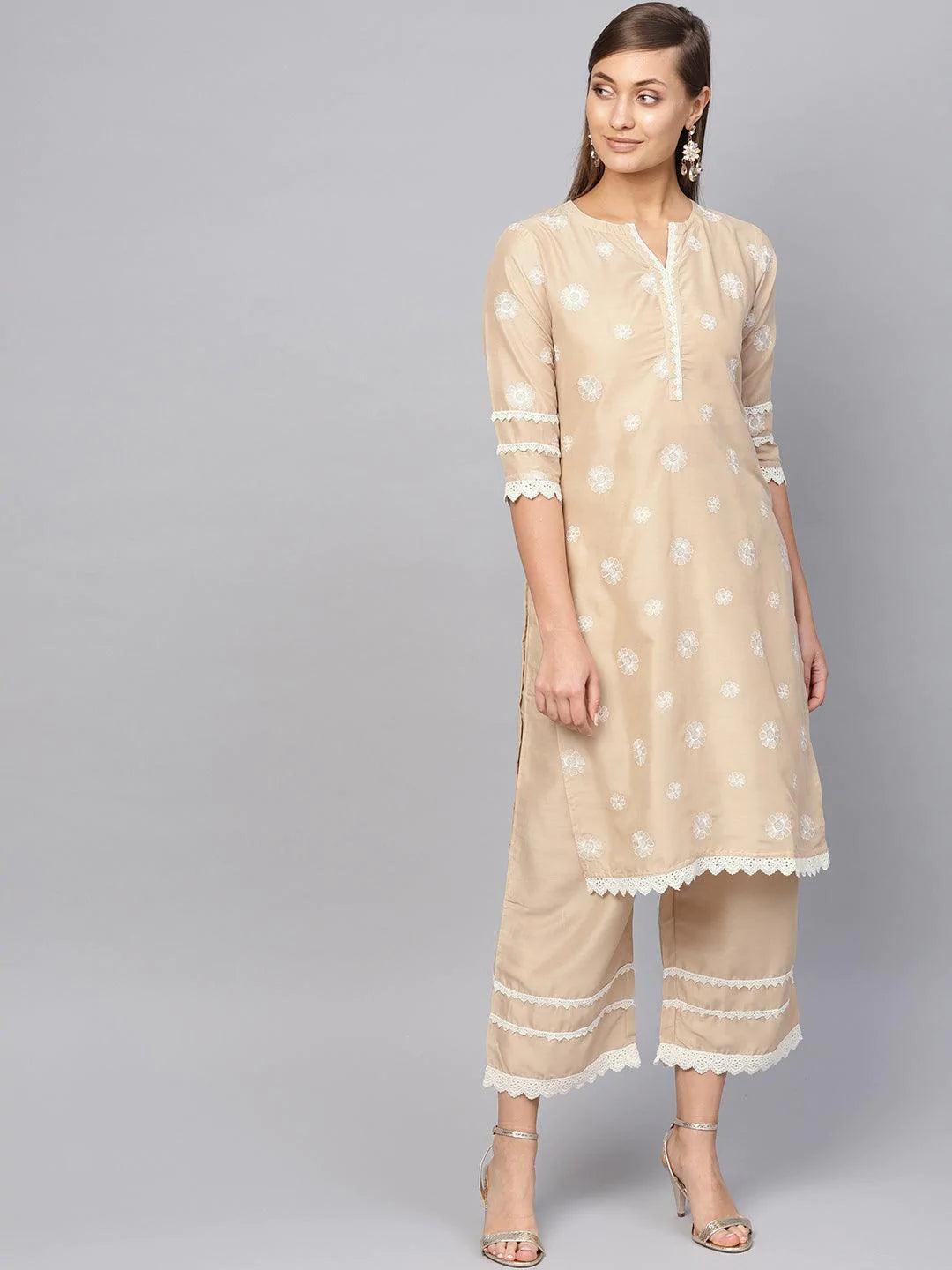 Beige Embroidered Muslin Kurta Set - ShopLibas 