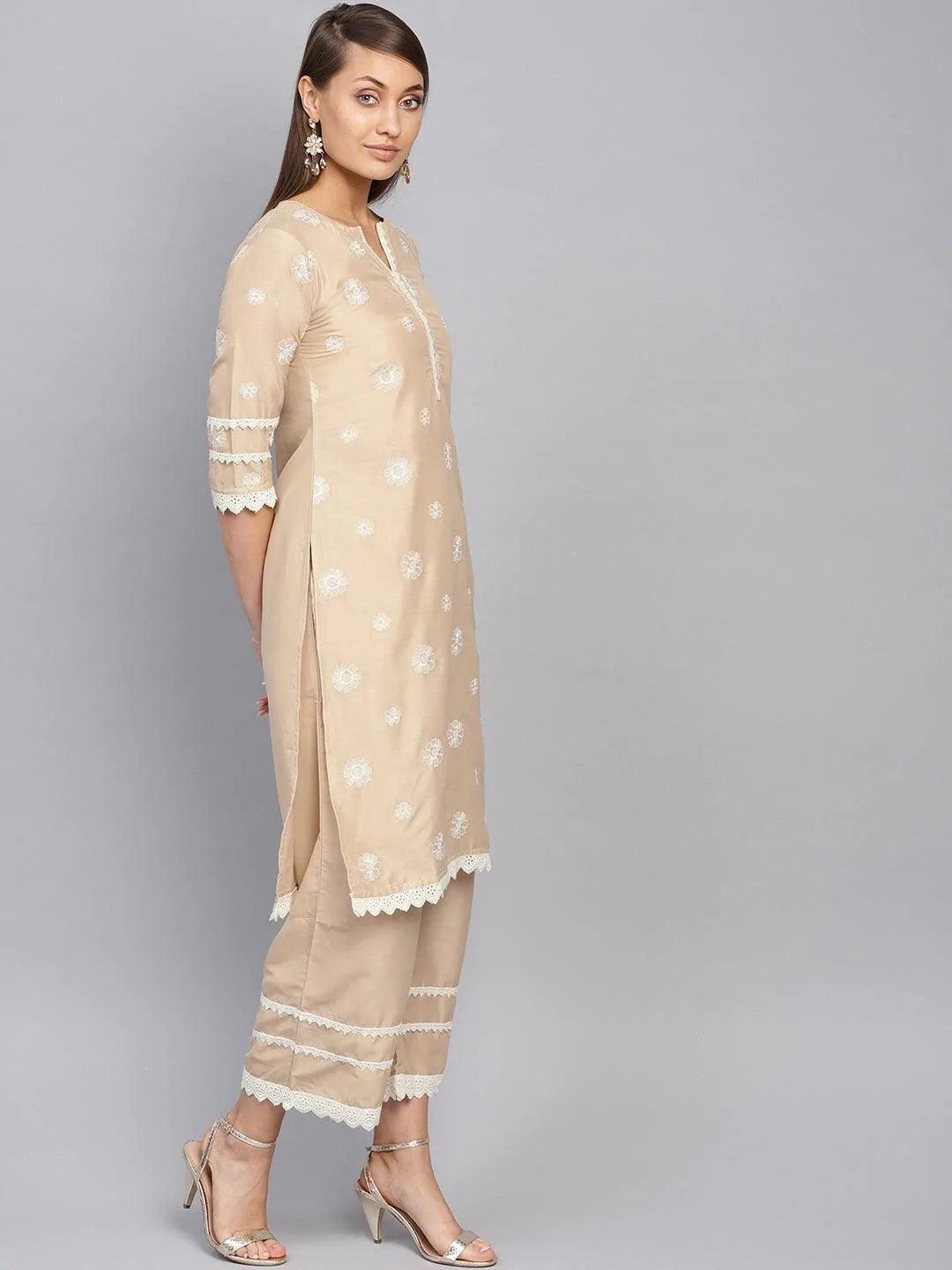 Beige Embroidered Muslin Kurta Set - ShopLibas 