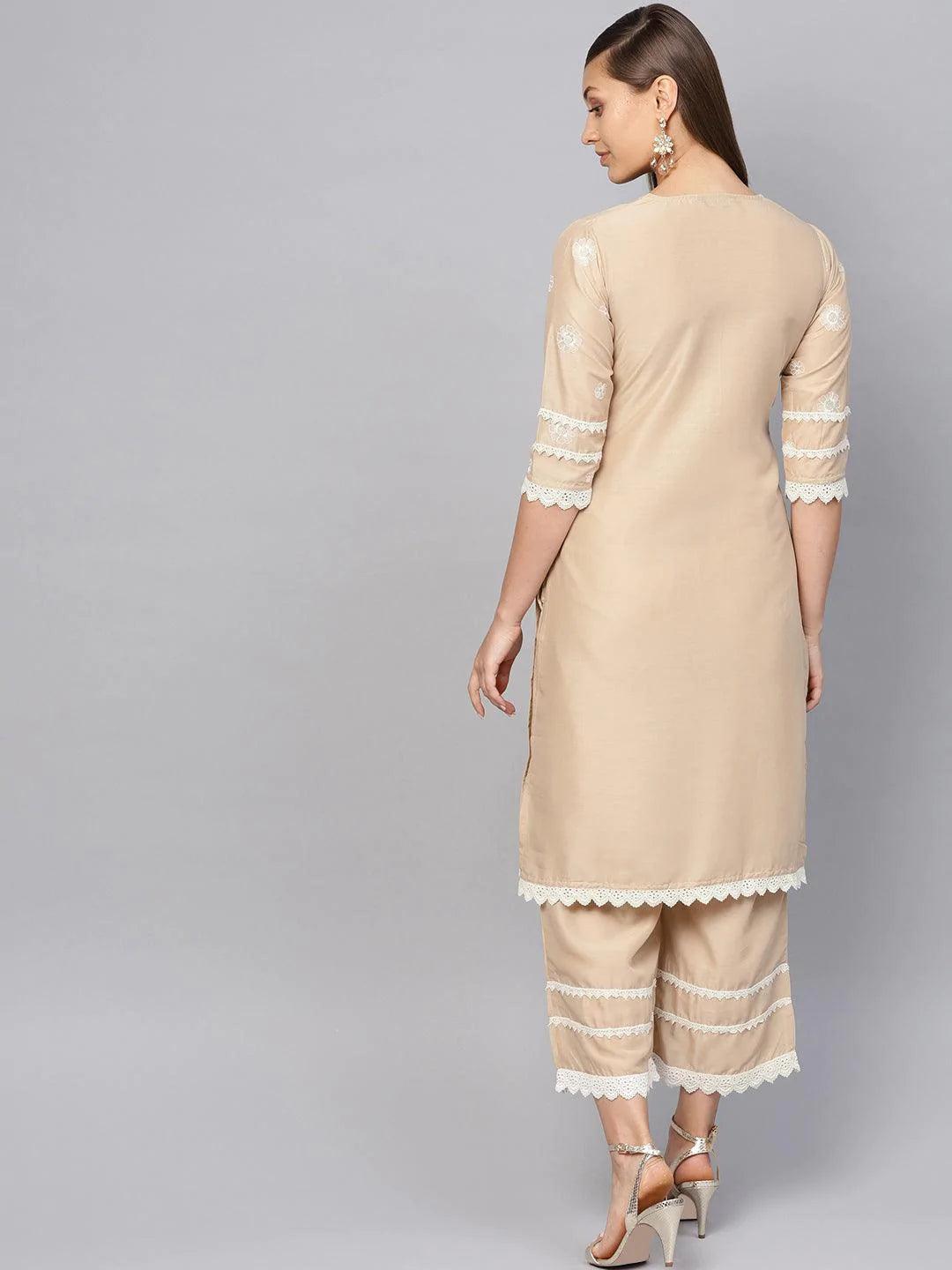 Beige Embroidered Muslin Kurta Set - ShopLibas 