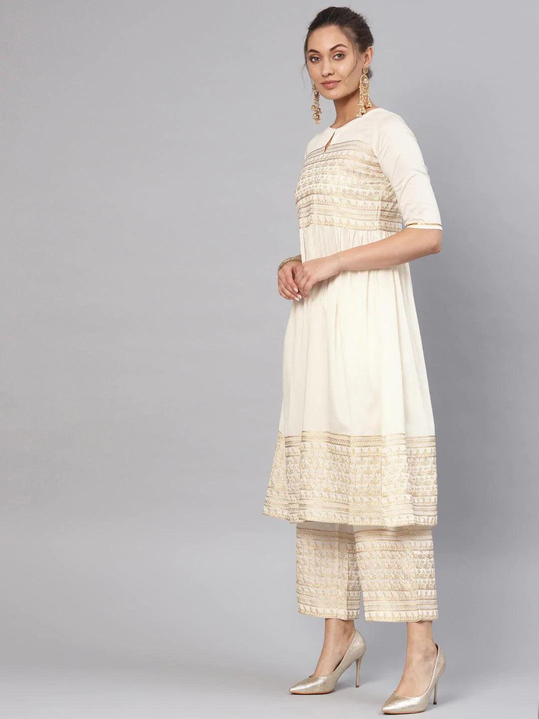 White Embroidered Chanderi Kurta Set - ShopLibas