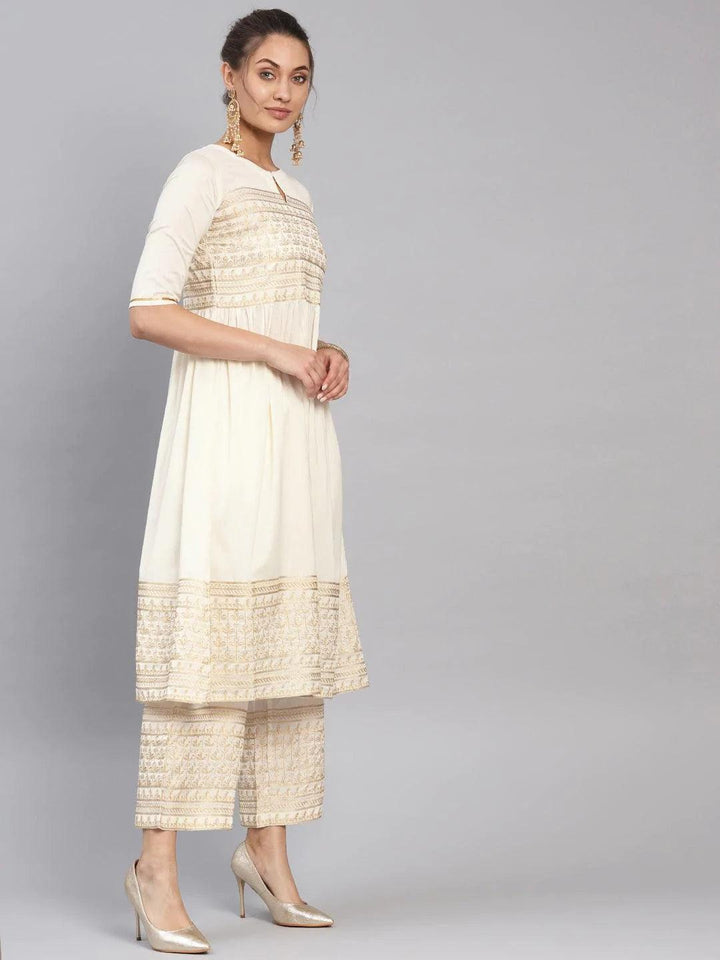 White Embroidered Chanderi Kurta Set - ShopLibas
