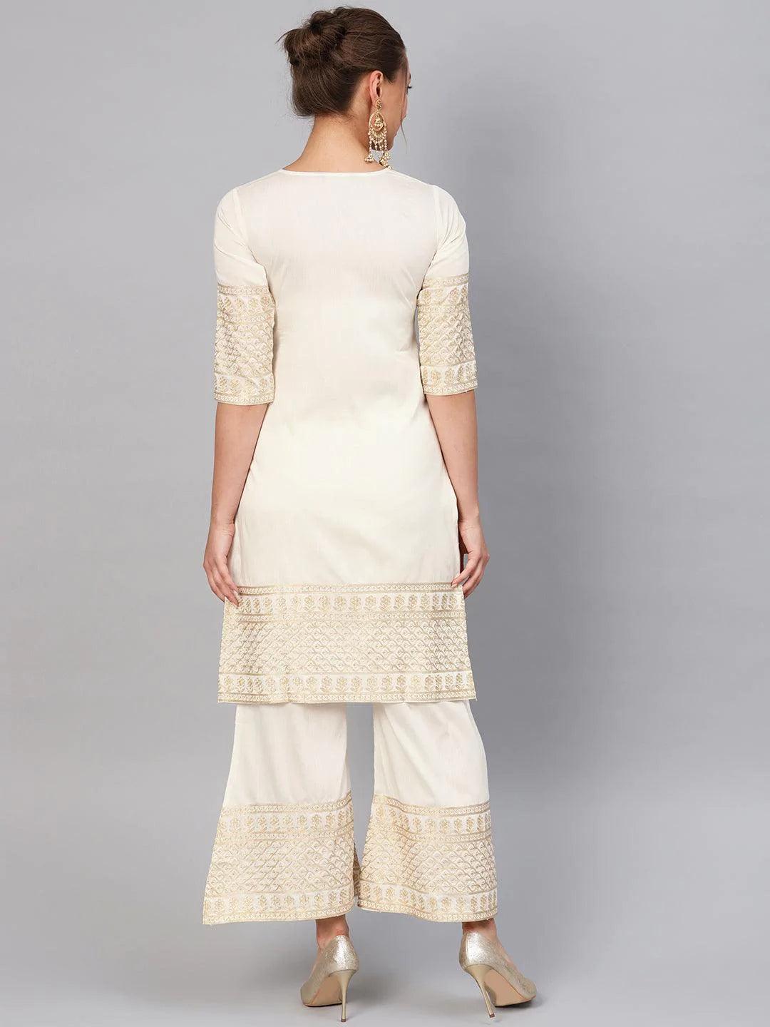White Embroidered Chanderi Kurta Set - ShopLibas