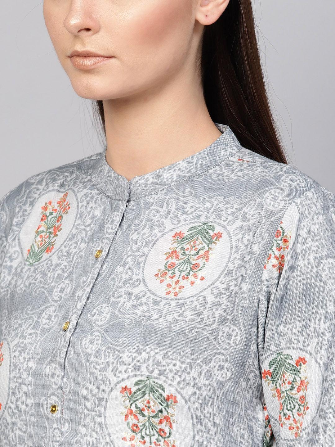 Grey Printed Cotton Blend Kurta Set - ShopLibas 