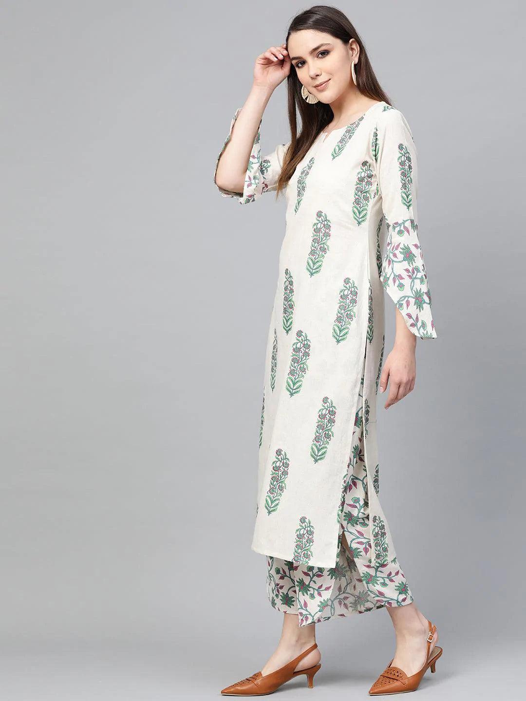 Off White Printed Cotton Kurta Set - ShopLibas 