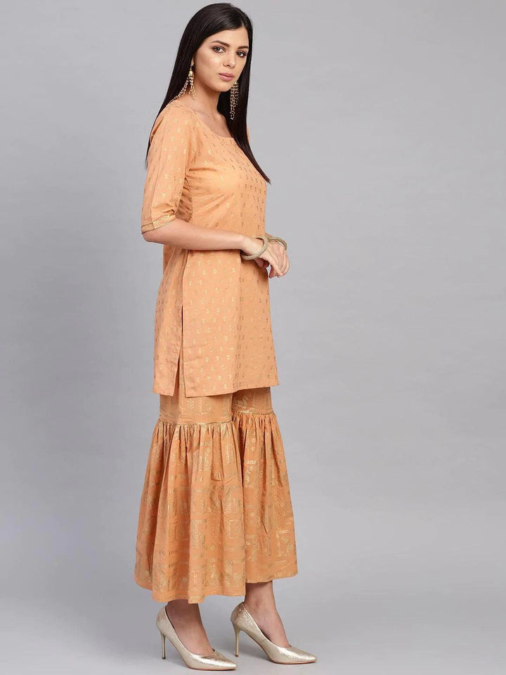 Beige Printed Cotton Kurta Set - ShopLibas