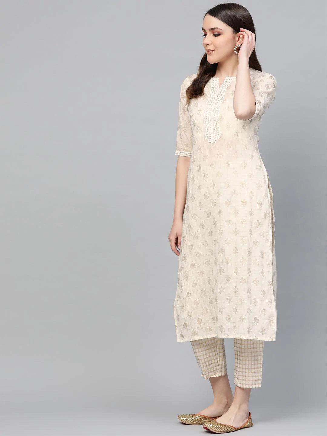White Printed Cotton Kurta Set - ShopLibas 