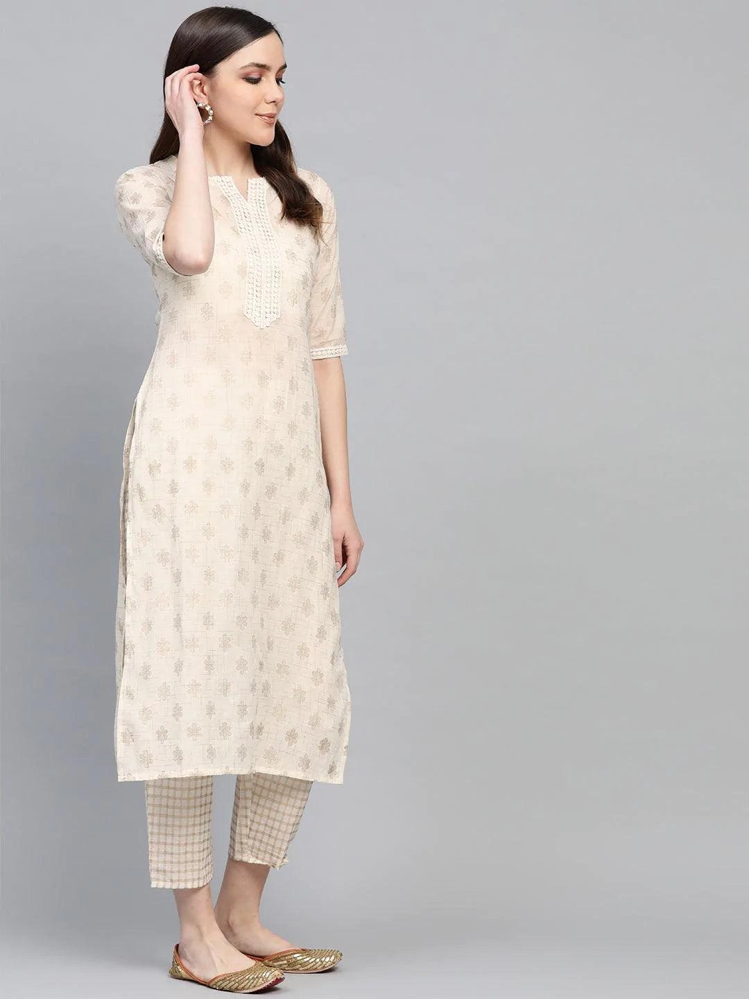 White Printed Cotton Kurta Set - ShopLibas 
