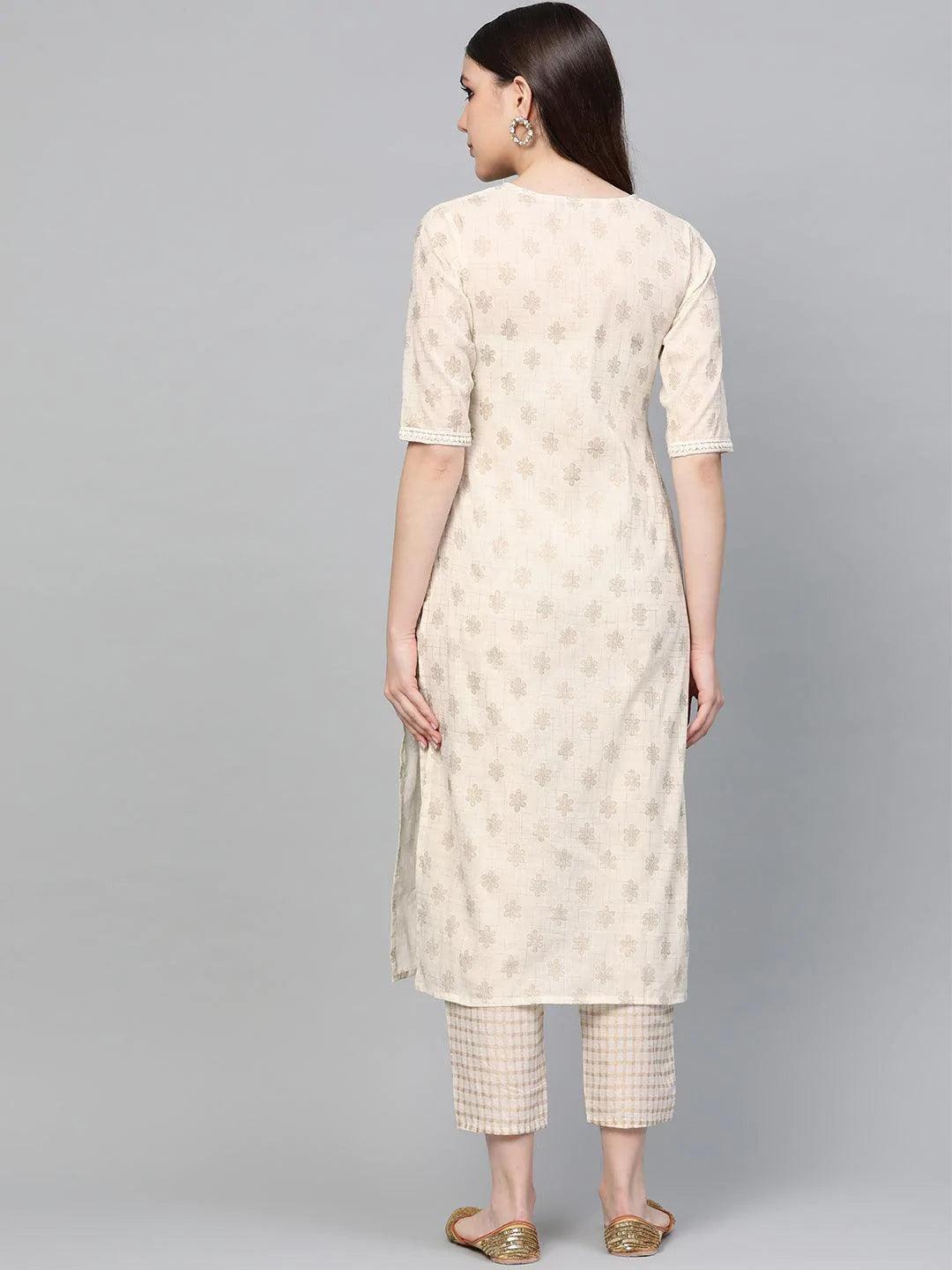 White Printed Cotton Kurta Set - ShopLibas 