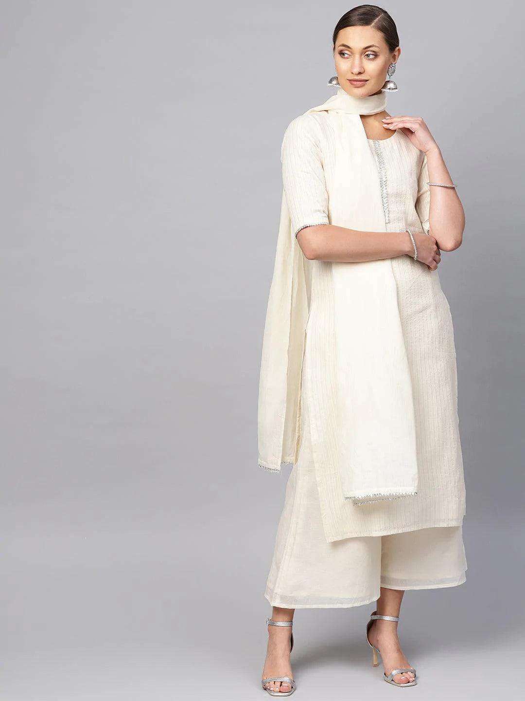 Beige Zari Work Cotton Suit Set - ShopLibas