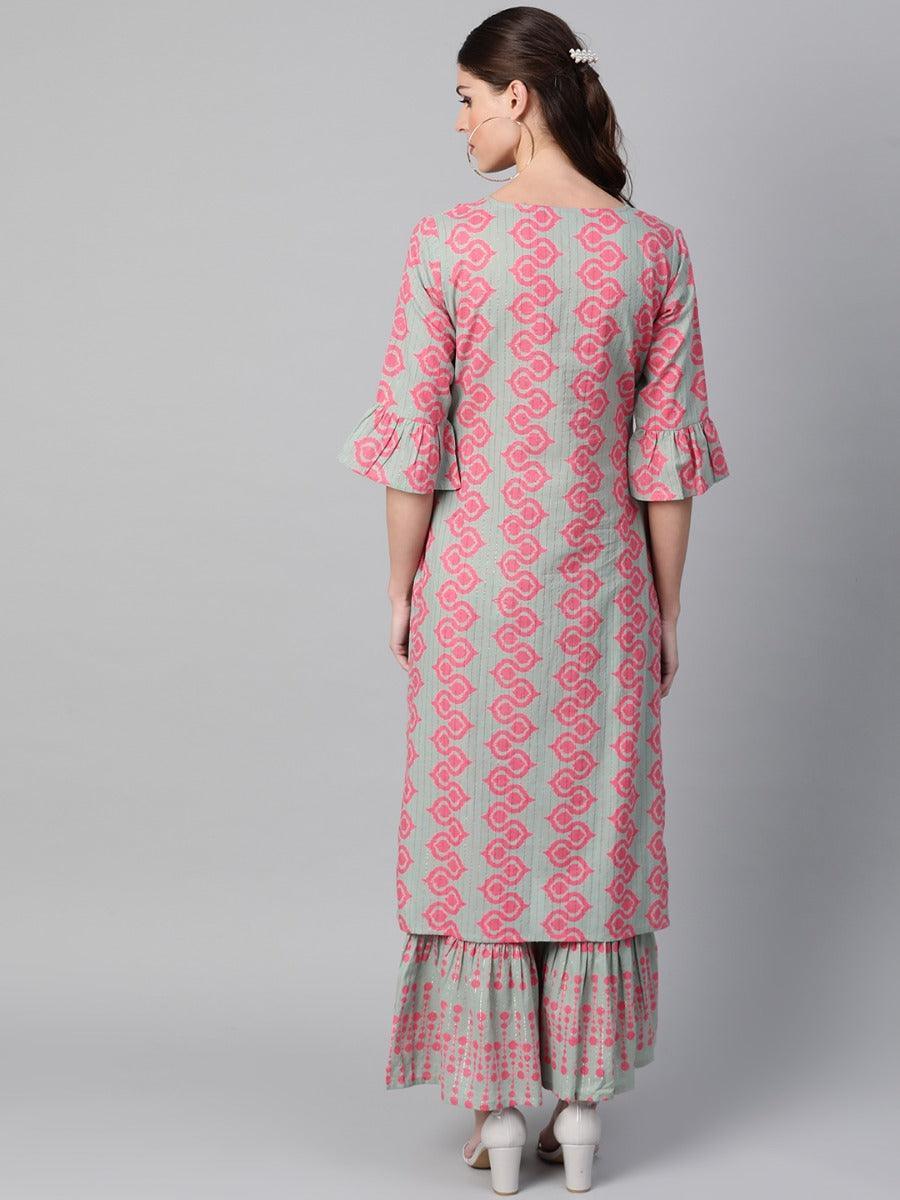Green Printed Cotton Kurta Set - ShopLibas