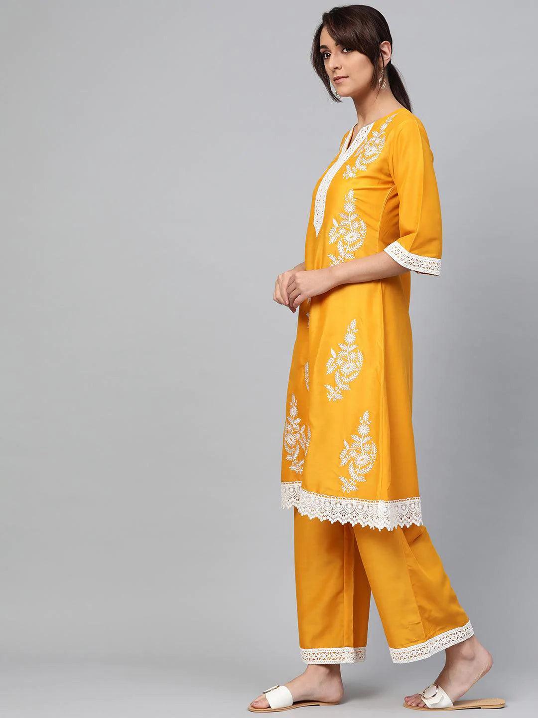 Yellow Embroidered Polyester Kurta Set - ShopLibas 