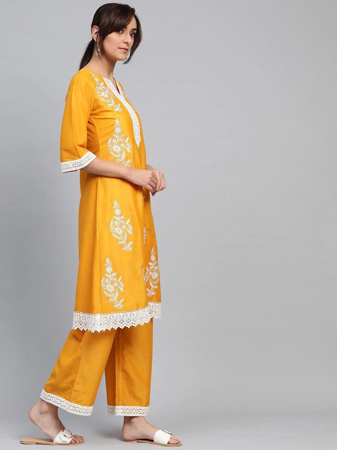 Yellow Embroidered Polyester Kurta Set - ShopLibas 