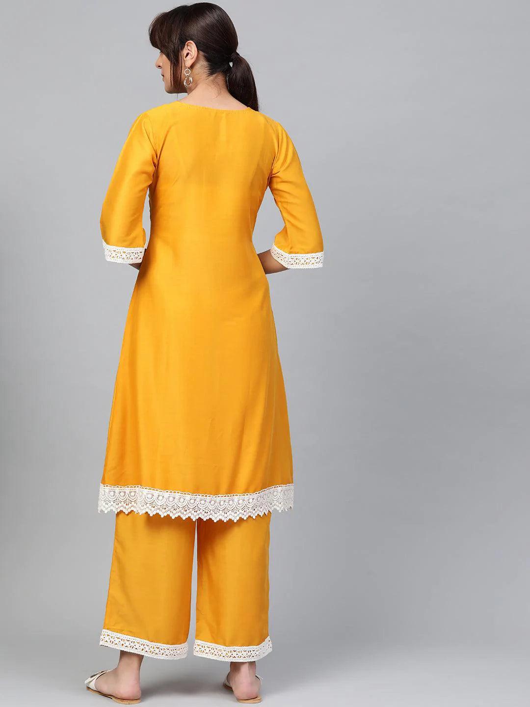 Yellow Embroidered Polyester Kurta Set - ShopLibas 