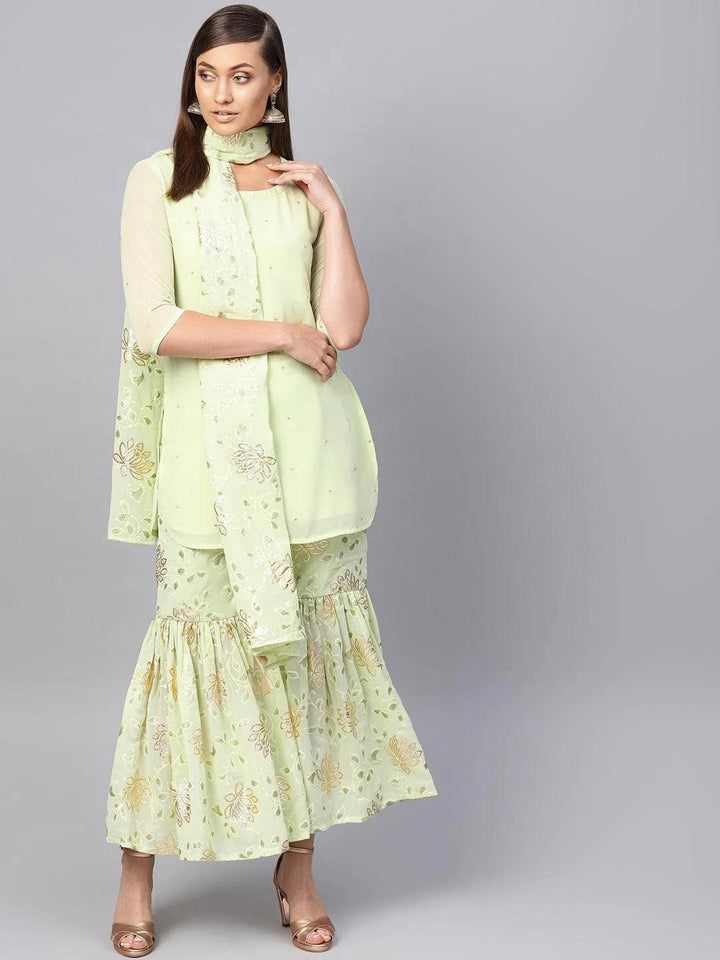 Green Printed Georgette Suit Set - ShopLibas