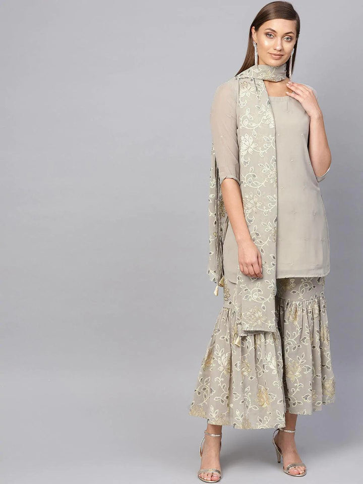 Grey Printed Georgette Suit Set - ShopLibas