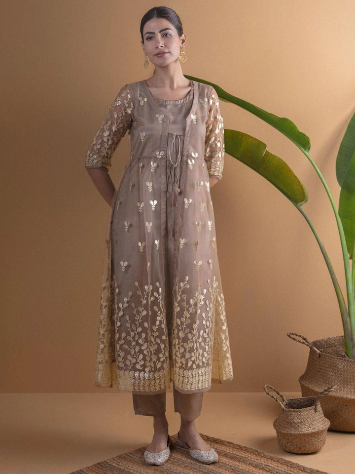 Brown Solid Shantoon Kurta Set With Jacket - ShopLibas